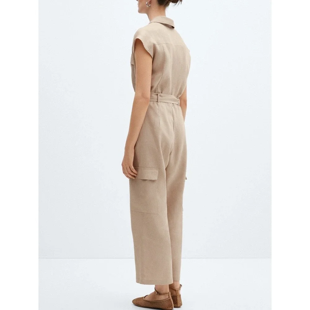 MANGO Womens Linen Belted Jumpsuit Beige Khaki Utility Cap Sleeve Wide Leg Med